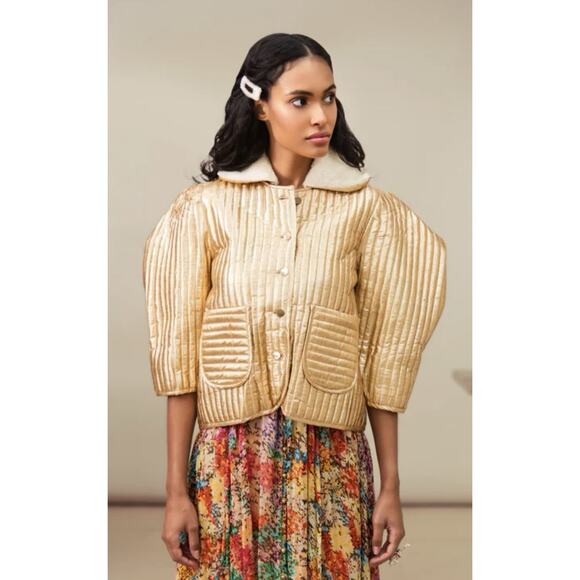 Let Me Be Jackets & Blazers - LET ME BE Anthropologie Women's Gold Foil Puff Sleeve Quilted Cropped Jacket
